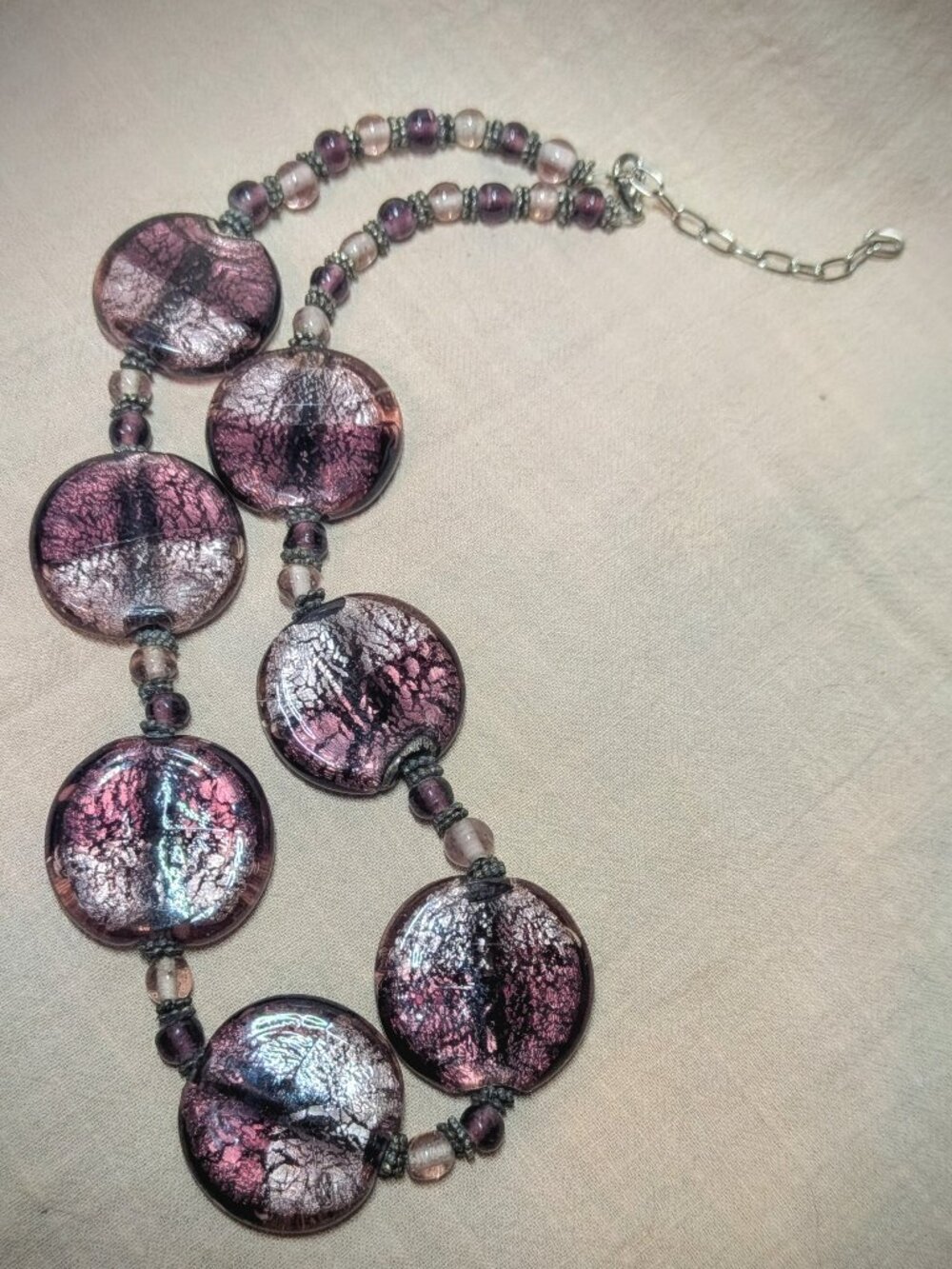 Purple Foil Glass Statement Necklace Large Round Beads Silver Tone